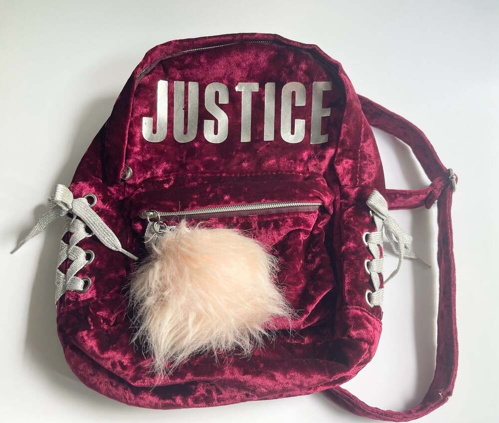 Justice Red Velvet Mini Backpack with Silver Lacing and Pom Pom